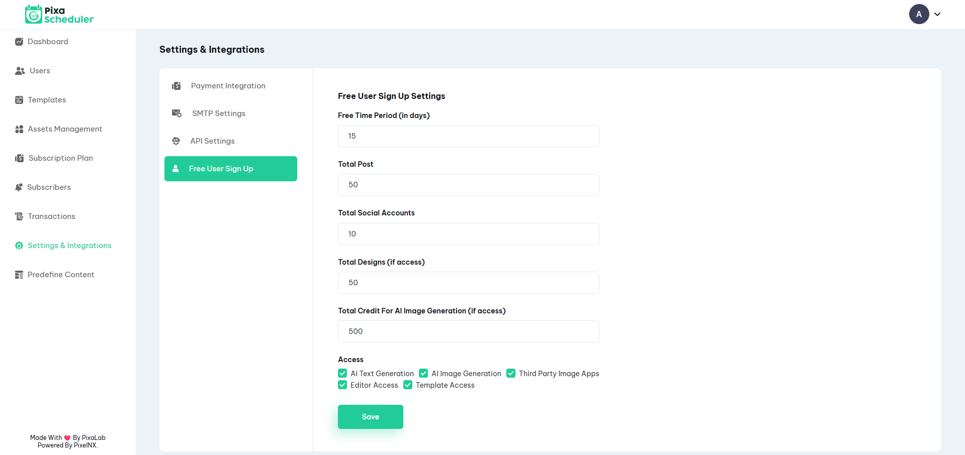 Free User Signup Settings
