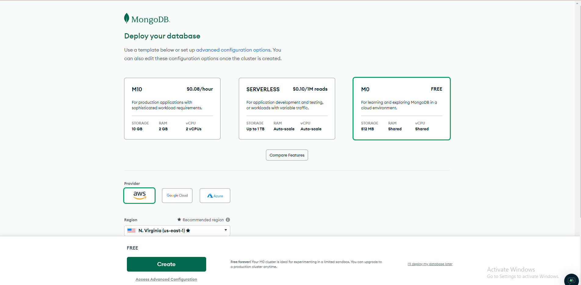 Select MongoDB Free Plan
