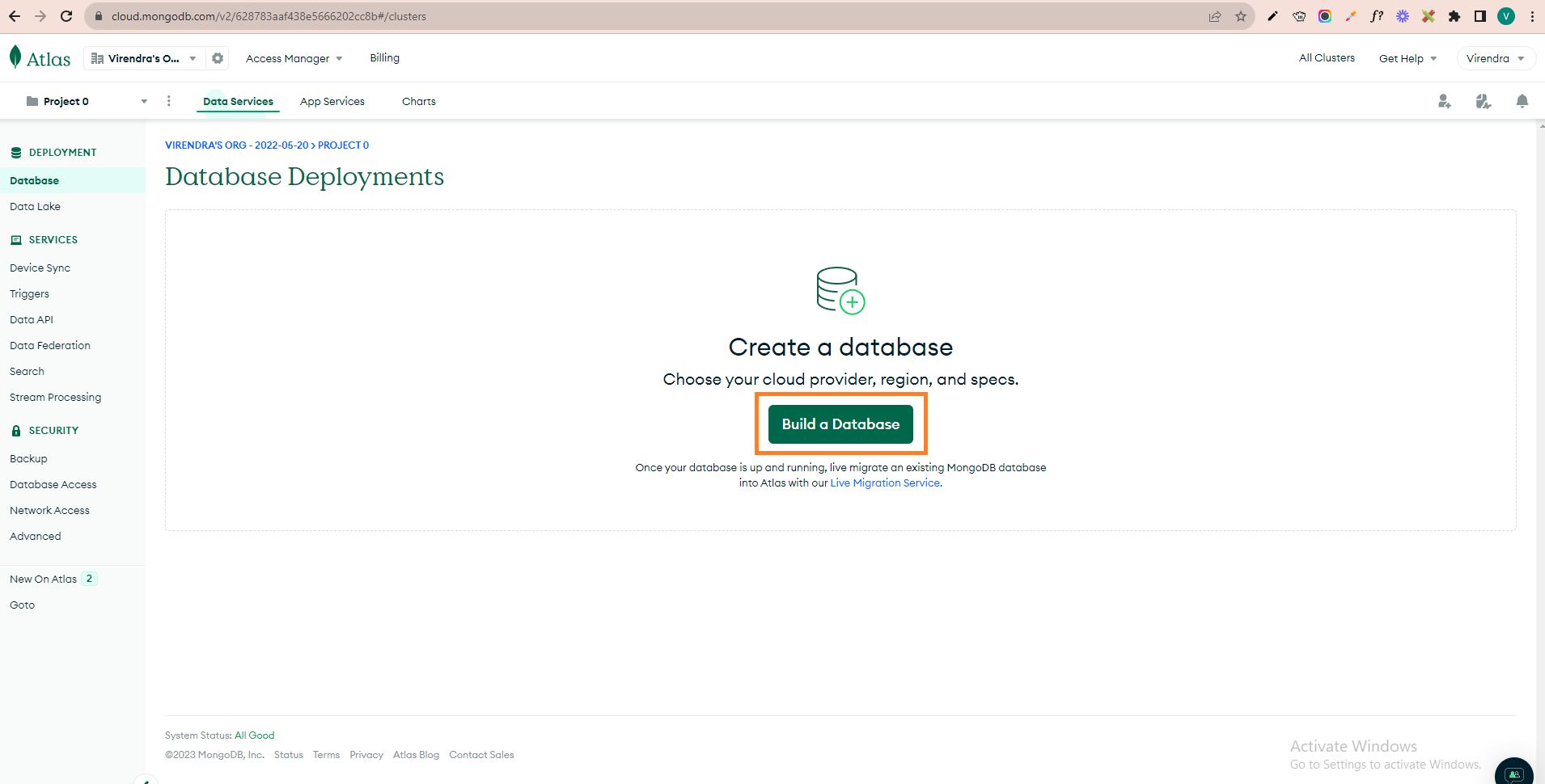 MongoDB Atlas Dashboard