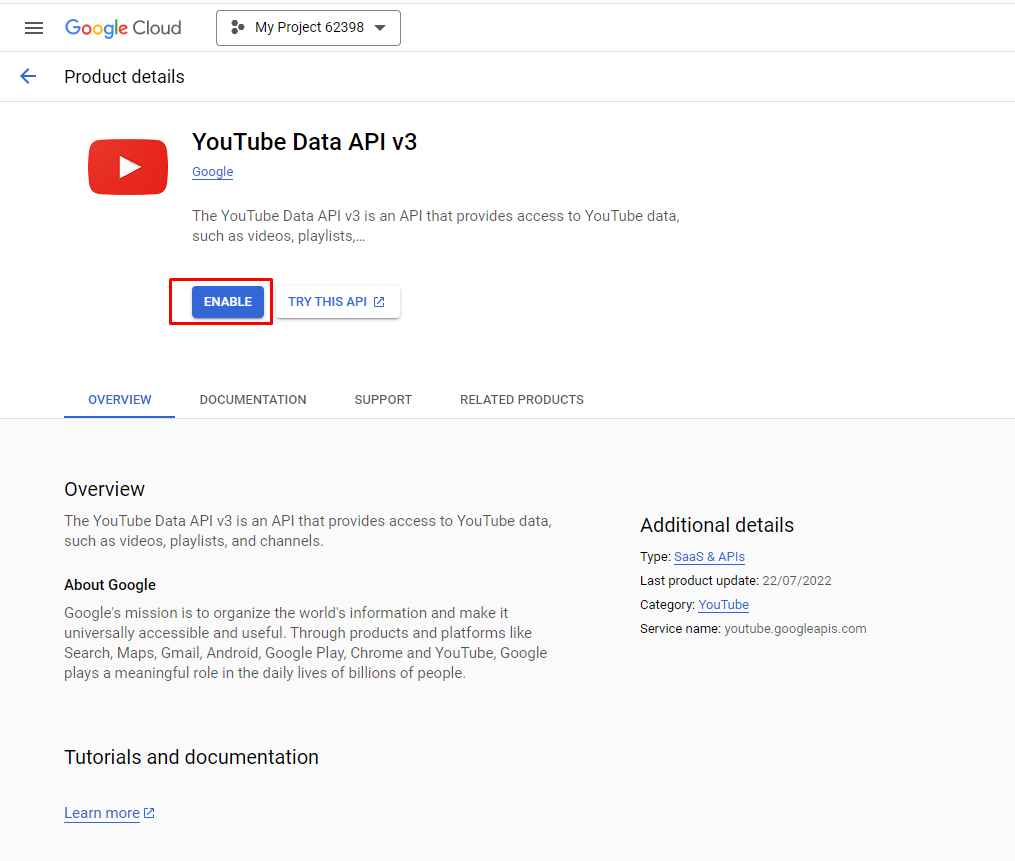 Enable YouTube API